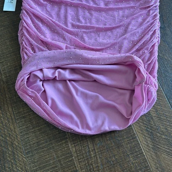 New AFRM DESANI RHINESTONE DOTTED RUCHED MINISKIRT IN MAUVE - Picture 7 of 8